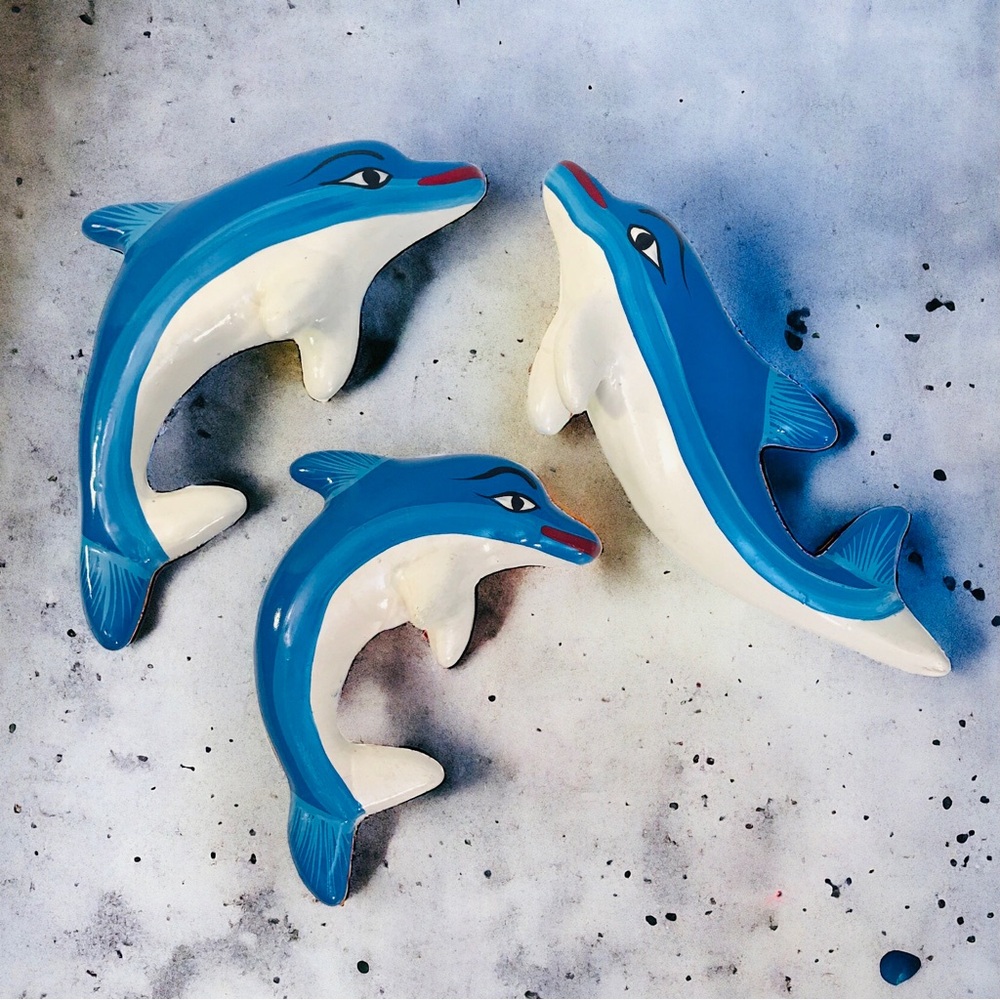 3 Vintage Ceramic Dolphins Bathroom Wall Hanging Decor  9-11” Beach Ocean Kitsch